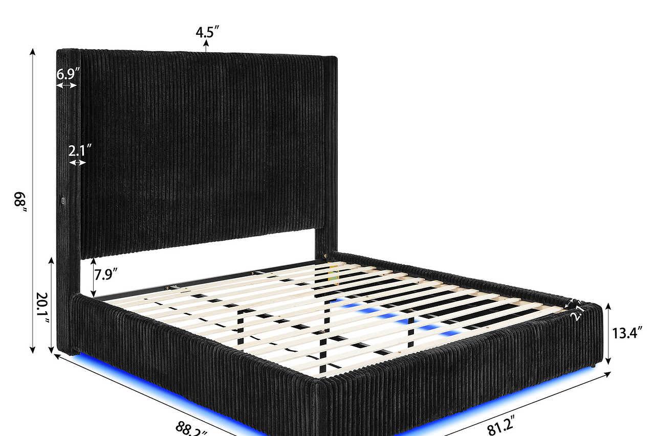 Belinda Black LED Upholstered Platform King Bed
