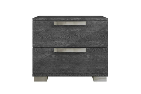 Sarah Geo Ice Grey Contemporary Wood High Gloos Lacquer Metallic Accents Extra Nightstand - Ella Furniture