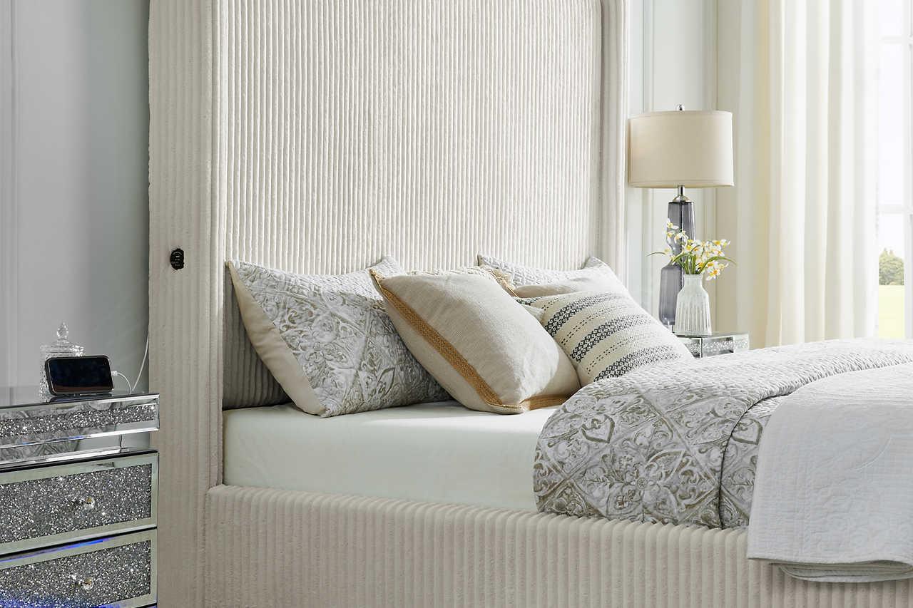 Belinda Beige LED Upholstered Platform King Bed