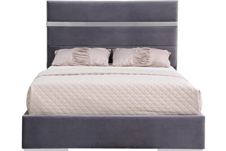 Cartier Grey/Gold Modern Contemporary Solid Wood Velvet Upholstery Platform Queen Bed - Ella Furniture