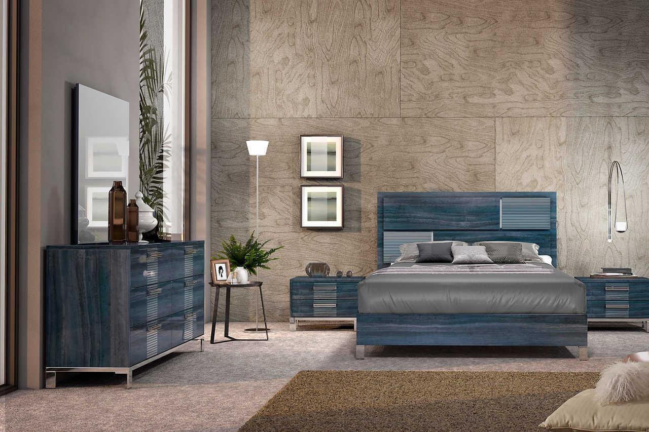 Delia Blue/Grey Modern Contemporary High Gloss Solid Wood Italian Bedroom Set - Ella Furniture