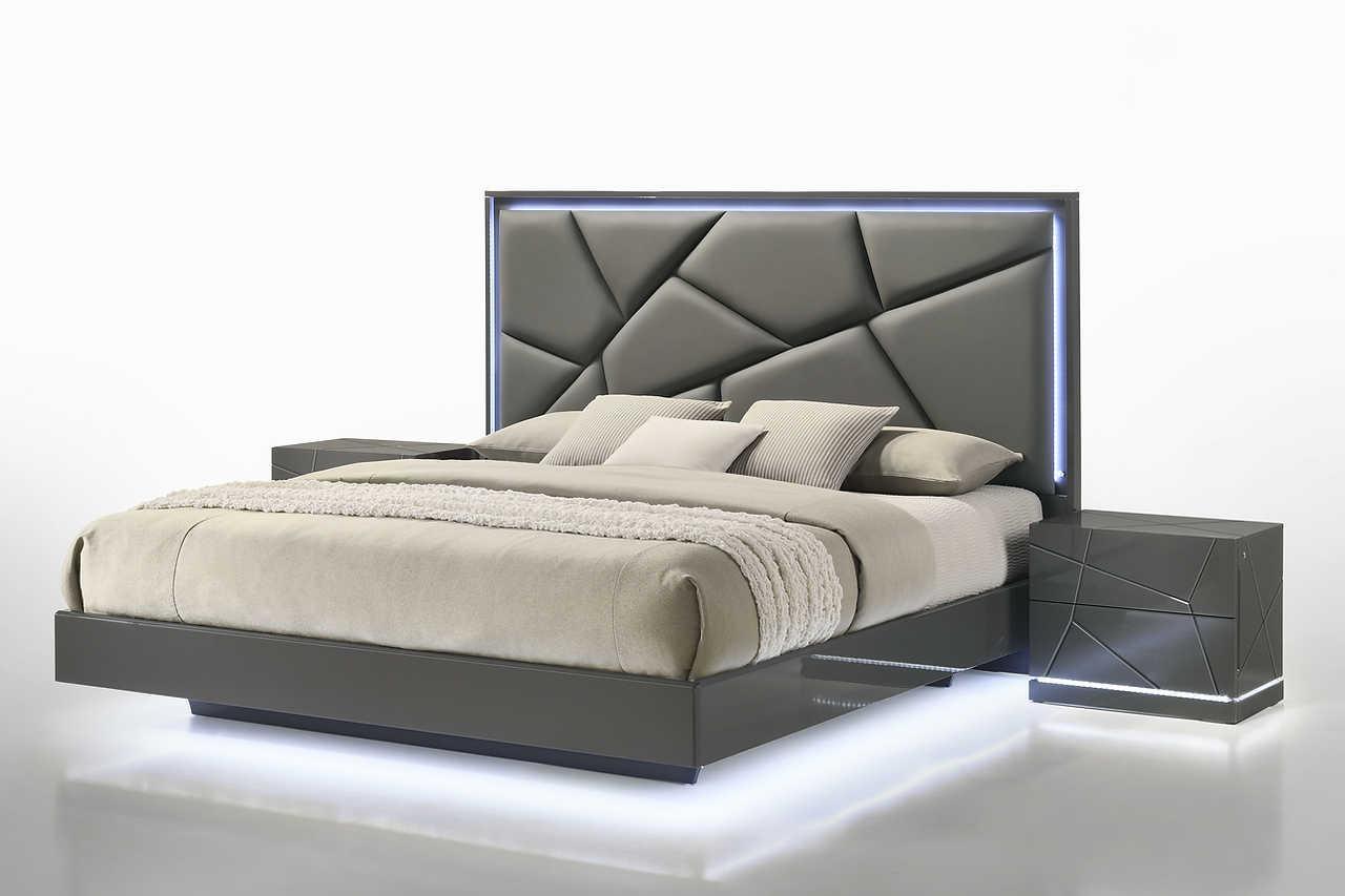 Lily Gray LED Upholstered Platform Queen Bed