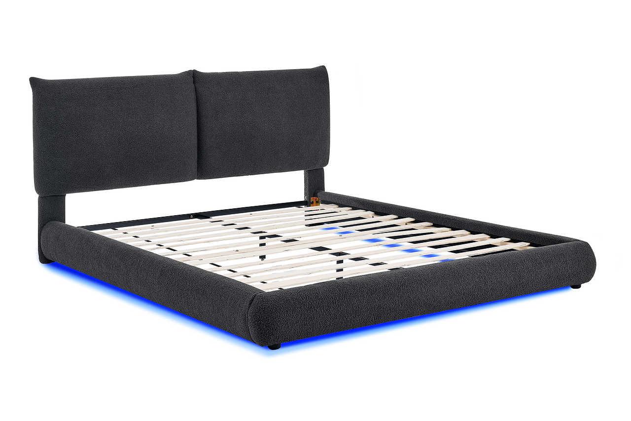 Zima Grey LED Upholstered Platform Queen Bed