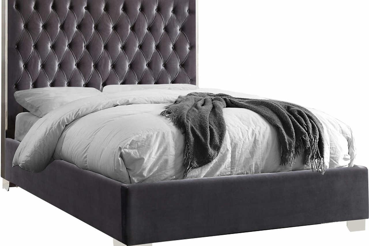 Rose Grey/Chrome 55"H Modern Solid Wood Velvet Upholstered Tufted Platform Queen Bed - Ella Furniture