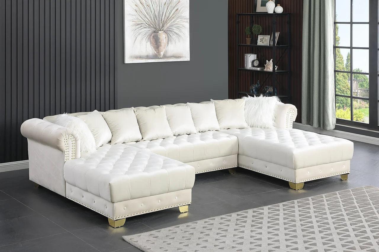 Jordan Ii Cream Modern Contemporary Wood, Engineered Wood Velvet Tufted Sectional - Ella Furniture