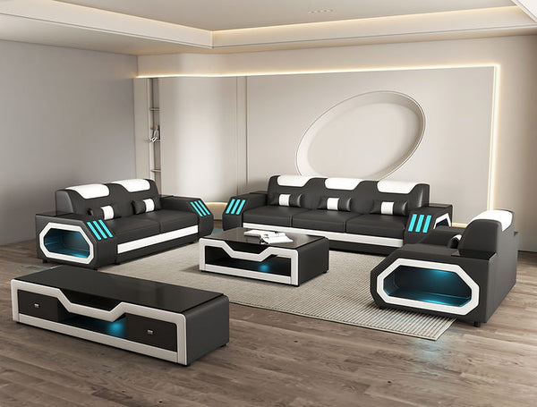 Matrix Black White Faux Leather Living Room Set