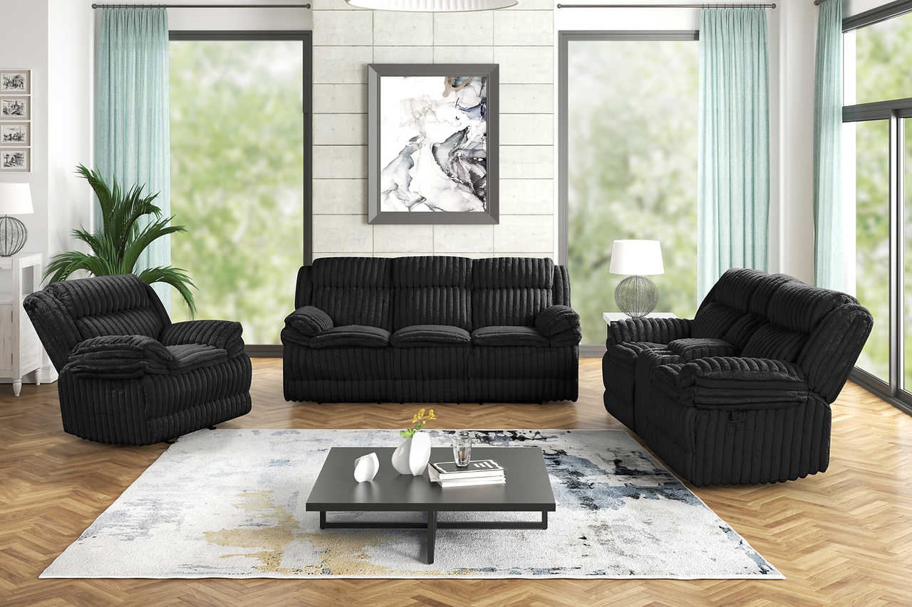 Mellow Black Thick Stripe Fabric 3-Piece Reclining Set