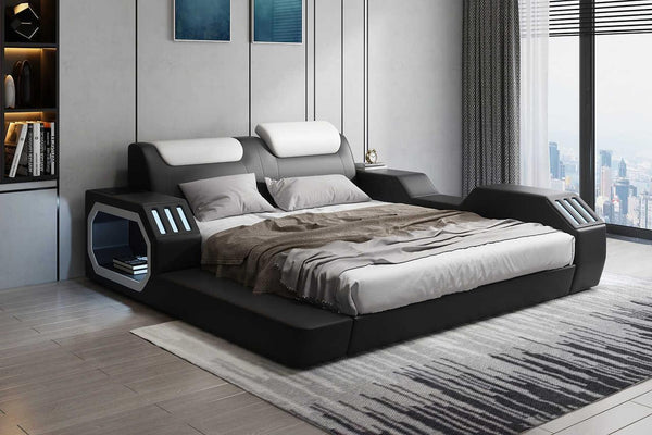 Matrix Black Modern Leather Queen Bed - Ella Furniture