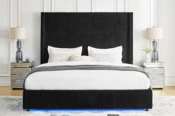 Belinda Black LED Upholstered Platform King Bed