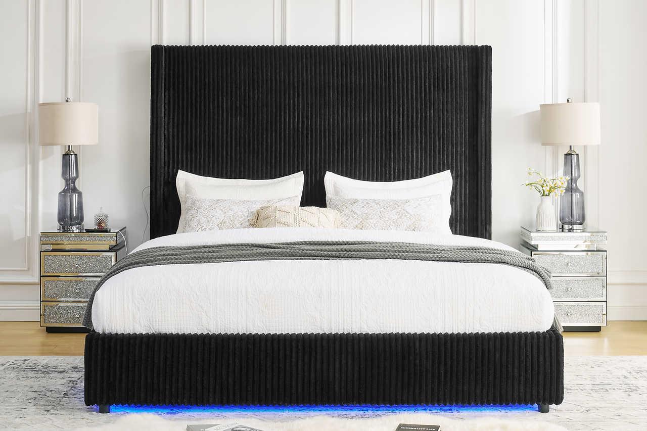 Belinda Black LED Upholstered Platform Queen Bed