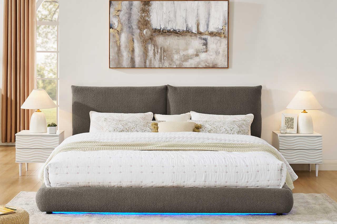 Zima Brown LED Upholstered Platform Queen Bed