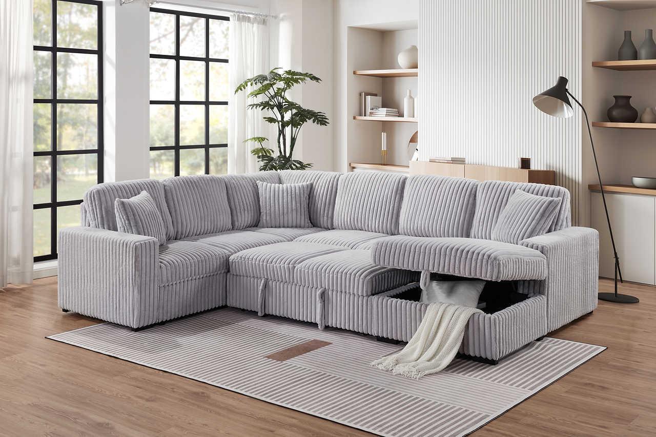 Raha Gray Soft Fabric Storage Sectional with Pull Out Bed