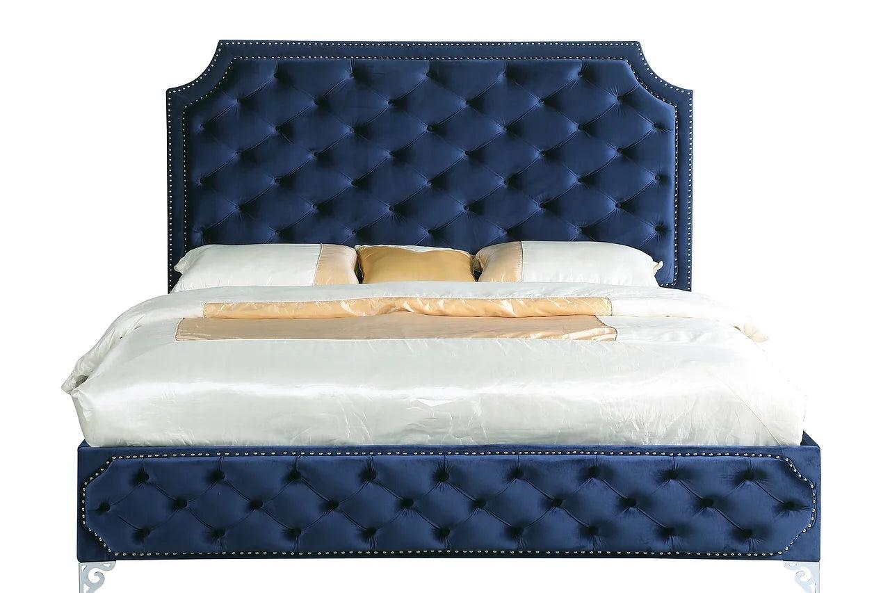Leilah Blue Modern Contemporary Solid Wood Velvet Upholstered Tufted Platform King Bed - Ella Furniture