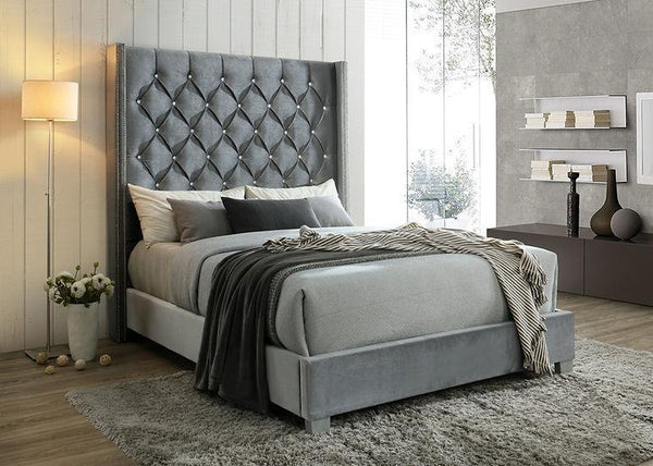 Beverly Gray Velvet Upholstered Tufted Panel Queen Bed