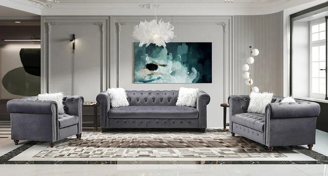 Milan Grey Modern Contemporary Wood, Engineered Wood Velvet Tufted Sofa + Loveseat - Ella Furniture