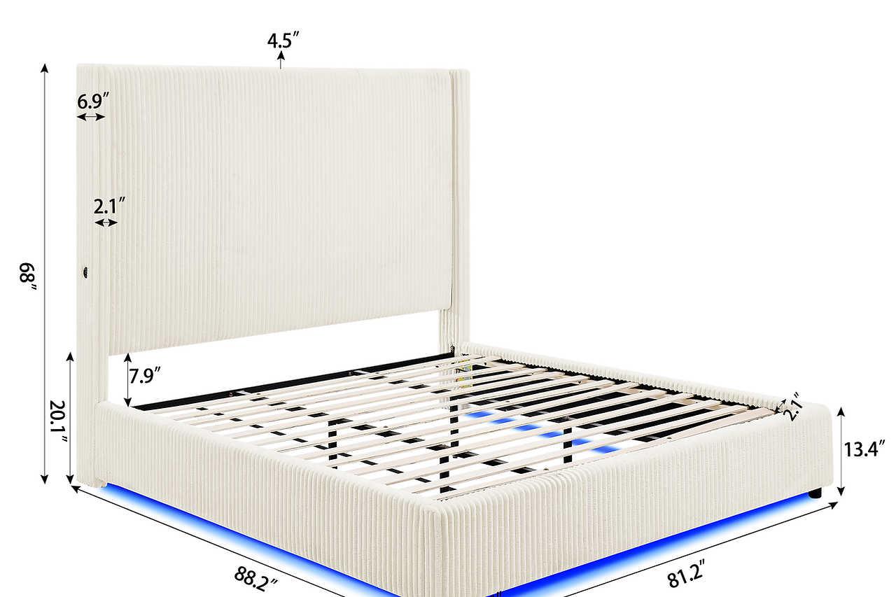Belinda Beige LED Upholstered Platform Queen Bed