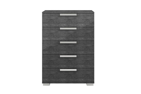 Sarah Geo Ice Grey Contemporary Wood High Gloos Lacquer Metallic Accents 5-Drawers Chest - Ella Furniture