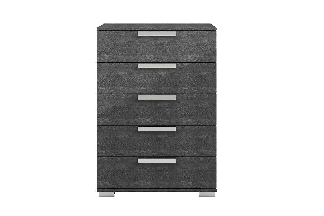 Sarah Grey Contemporary Solid Wood High Gloos Lacquer Metallic Accents 5-Drawers Chest - Ella Furniture
