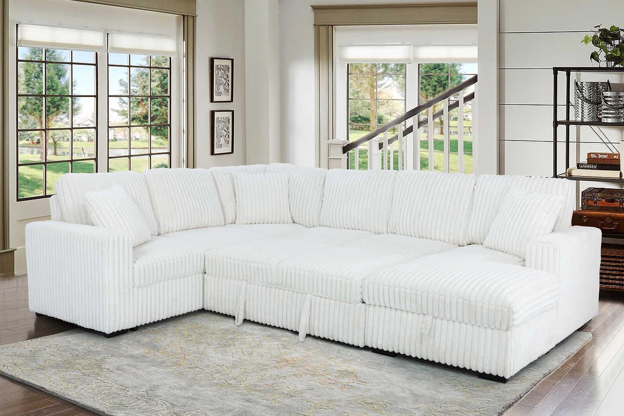 Raha Beige Soft Fabric Storage Sectional with Pull Out Bed