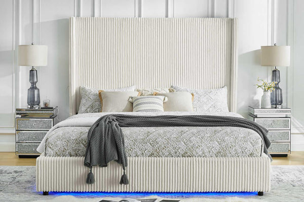 Belinda Beige LED Upholstered Platform Queen Bed