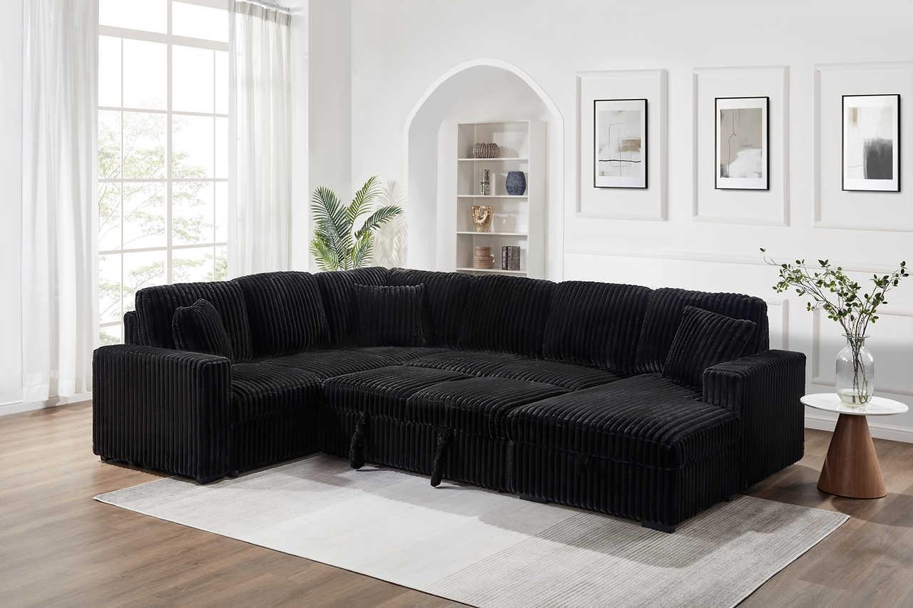 Raha Black Soft Fabric Storage Sectional with Pull Out Bed