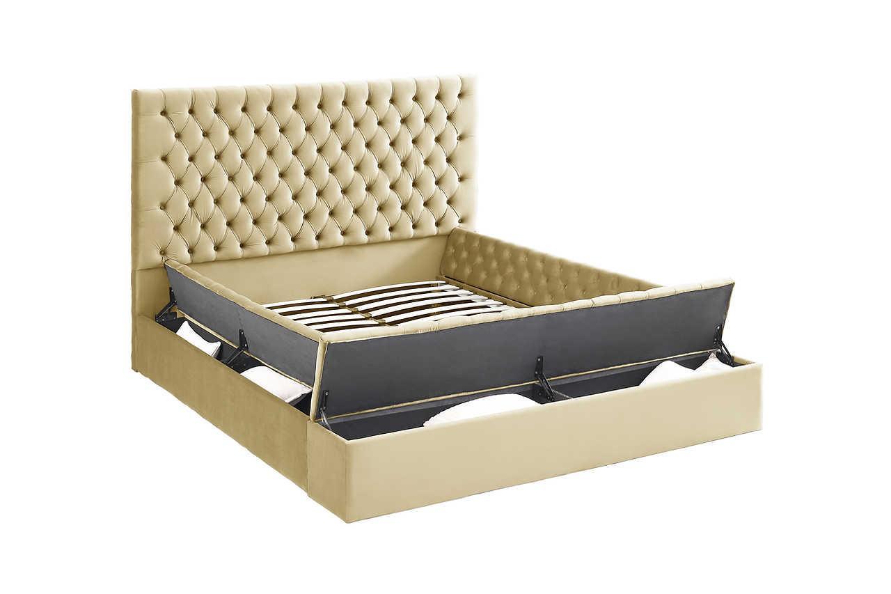 Cataline Dark Beige Contemporary Solid Wood Velvet Upholstered Tufted Storage Queen Bed - Ella Furniture
