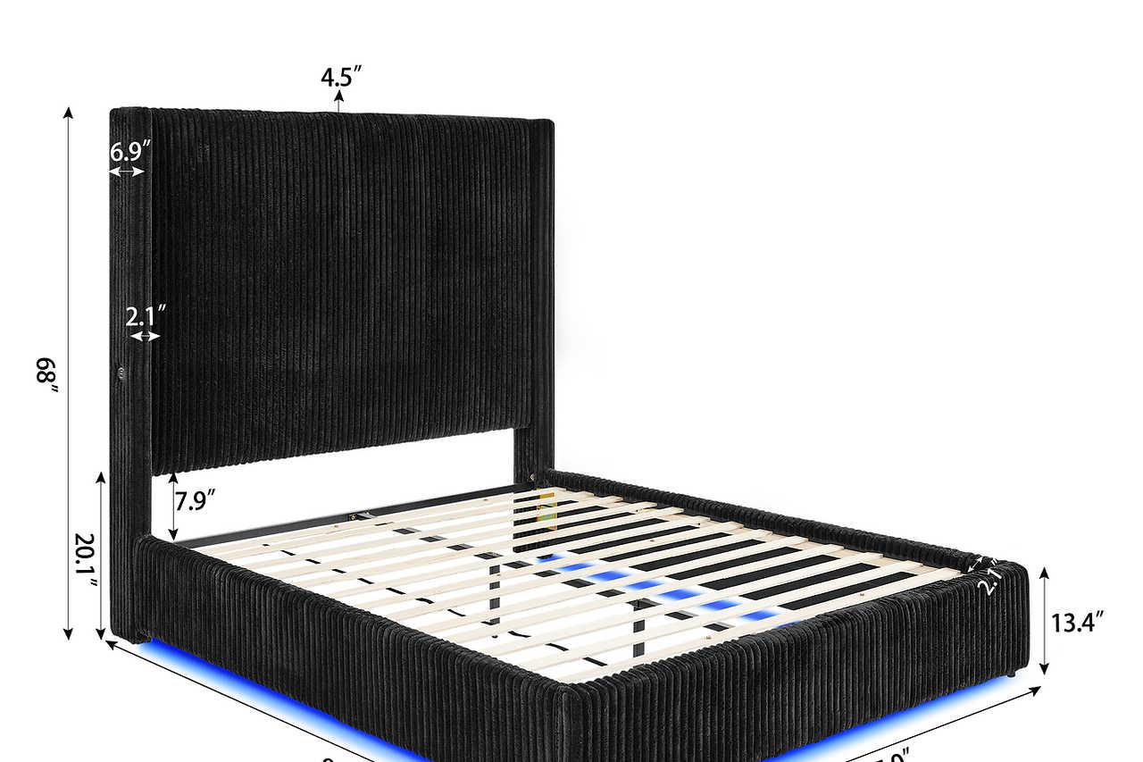 Belinda Black LED Upholstered Platform King Bed