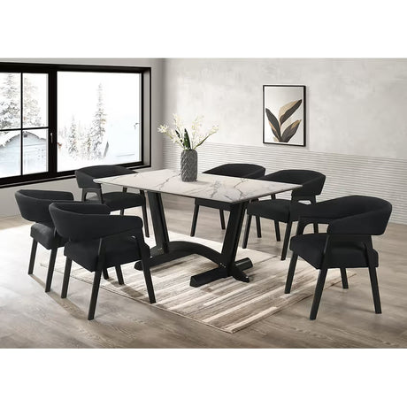 Nava White Porcelain Dining Collection with Black Teddy Fabric Chairs from Ella Furniture