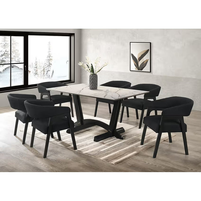 Nava White Porcelain Dining Collection with Black Teddy Fabric Chairs from Ella Furniture