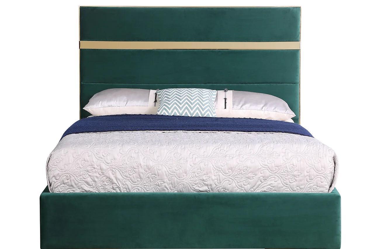 Cartier Green/Gold Modern Contemporary Solid Wood Velvet Upholstery Platform Queen Bed - Ella Furniture