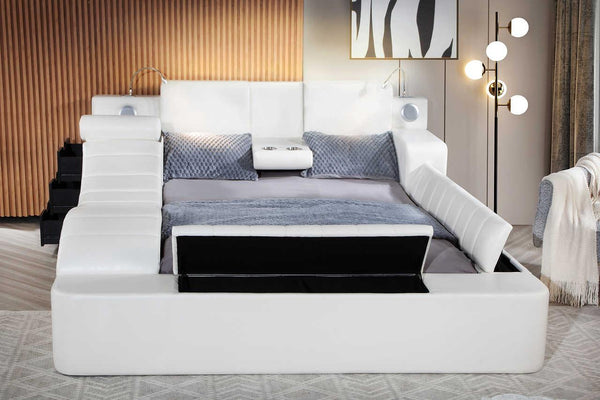 Apollo White Upholstered Storage LED Platform Queen Bed