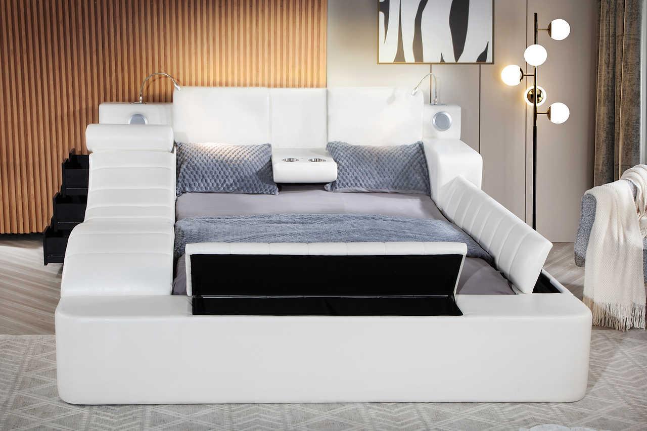 Apollo White Upholstered Storage LED Platform King Bed