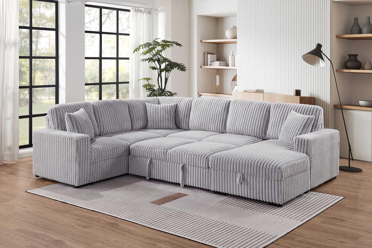 Raha Gray Soft Fabric Storage Sectional with Pull Out Bed
