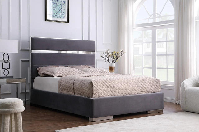 Cartier Grey/Gold Modern Contemporary Solid Wood Velvet Upholstery Platform Queen Bed - Ella Furniture