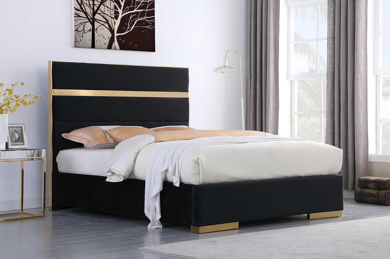 Cartier Black/Gold Modern Contemporary Solid Wood Velvet Upholstery Platform King Bed - Ella Furniture