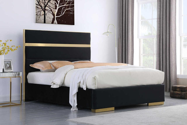 Cartier Black/Gold Modern Contemporary Solid Wood Velvet Upholstery Platform King Bed - Ella Furniture