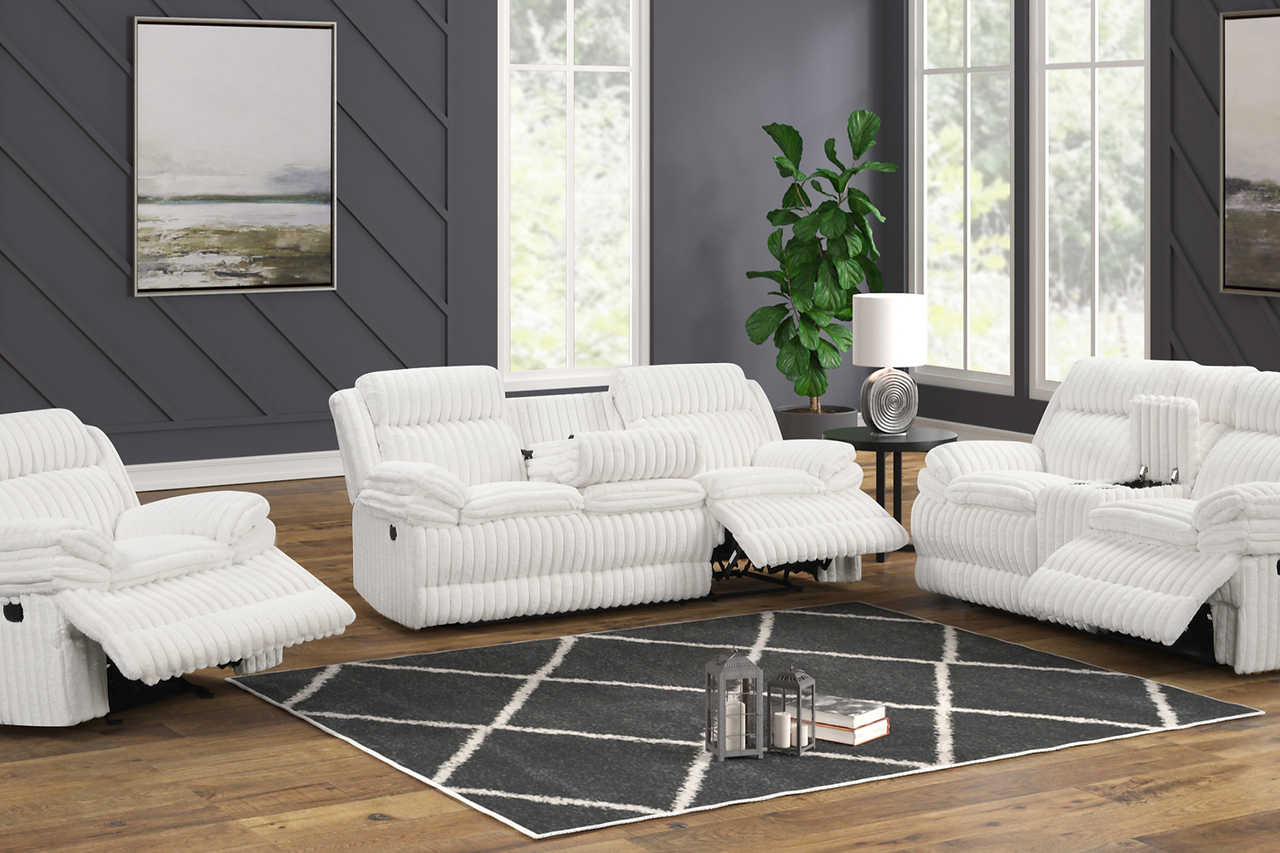 Mellow White Thick Stripe Fabric 3-Piece Reclining Set