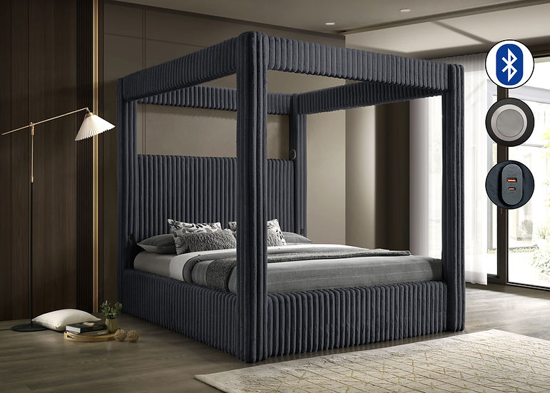 Atlam Grey Upholstered Canopy Platform King Bed