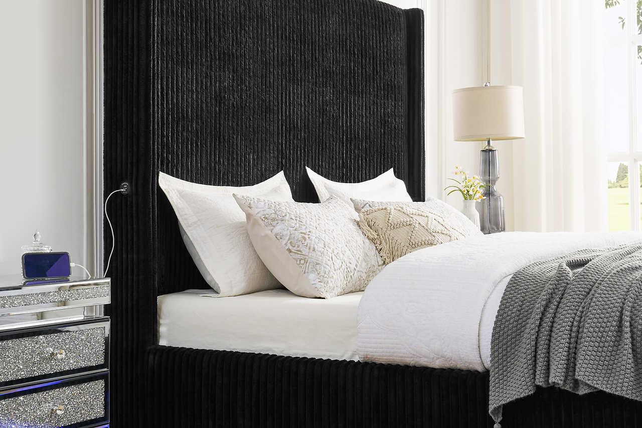 Belinda Black LED Upholstered Platform Queen Bed