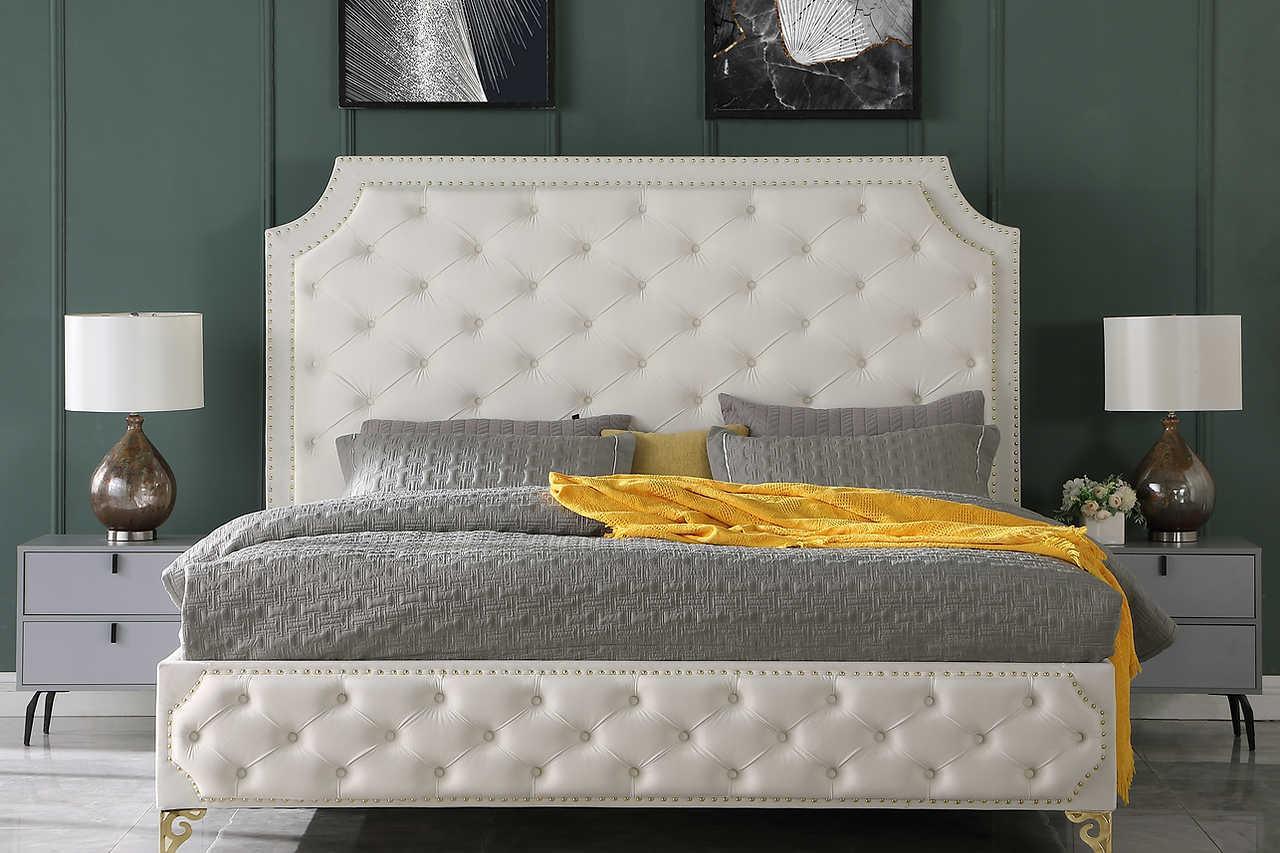 Leilah Cream Modern Contemporary Solid Wood Velvet Upholstered Tufted Platform Queen Bed - Ella Furniture