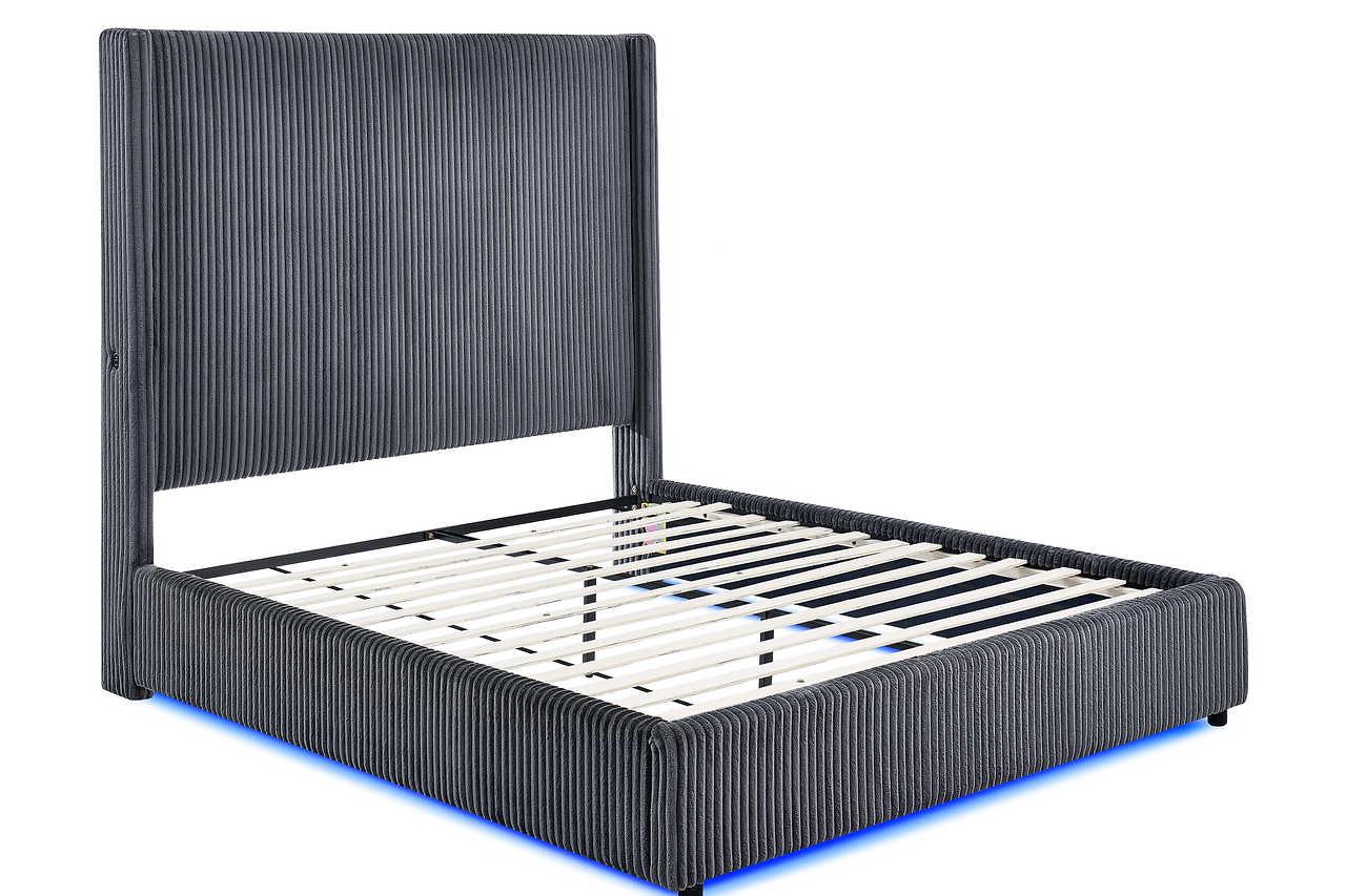 Belinda Grey LED Upholstered Platform Queen Bed