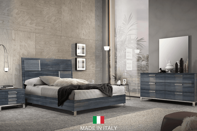 Delia Blue/Grey Modern Contemporary High Gloss Solid Wood Italian Bedroom Set - Ella Furniture