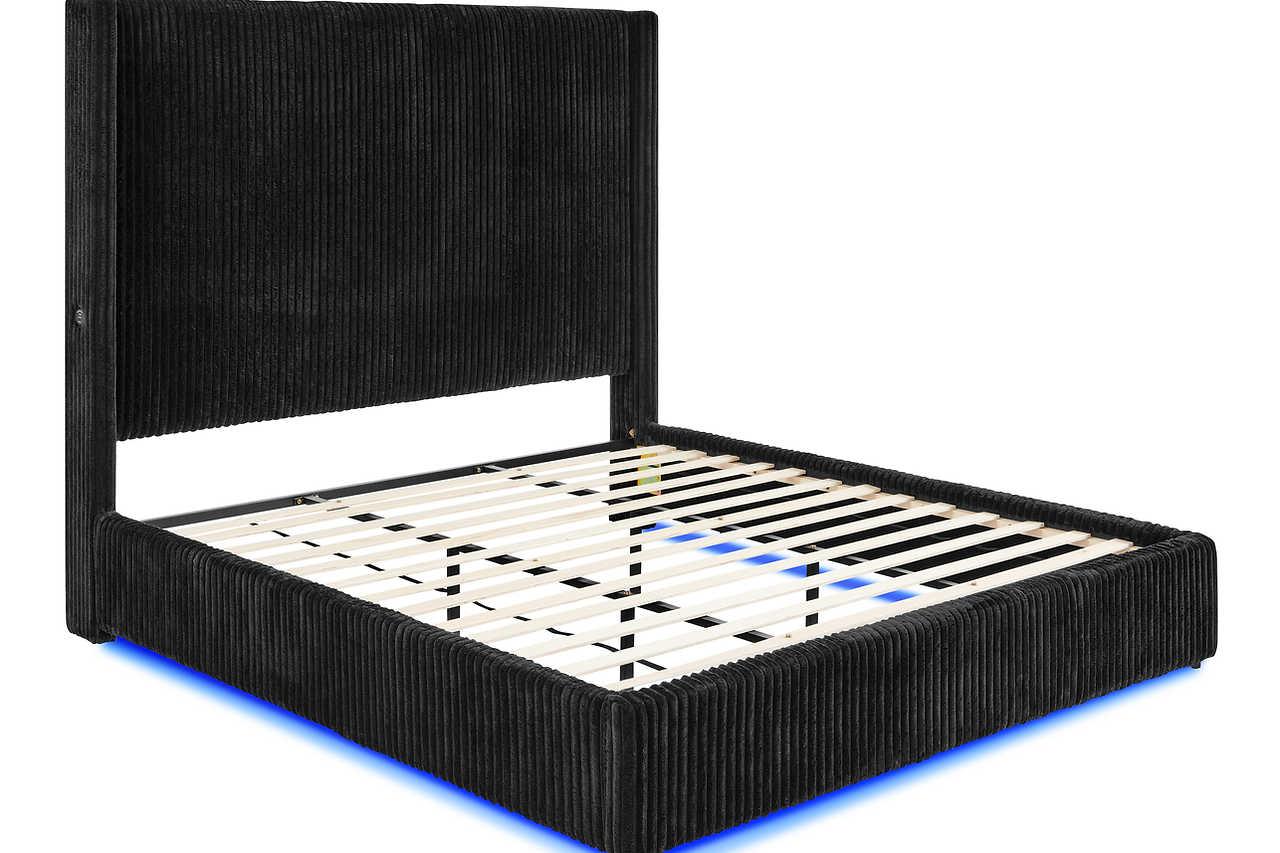 Belinda Black LED Upholstered Platform Queen Bed