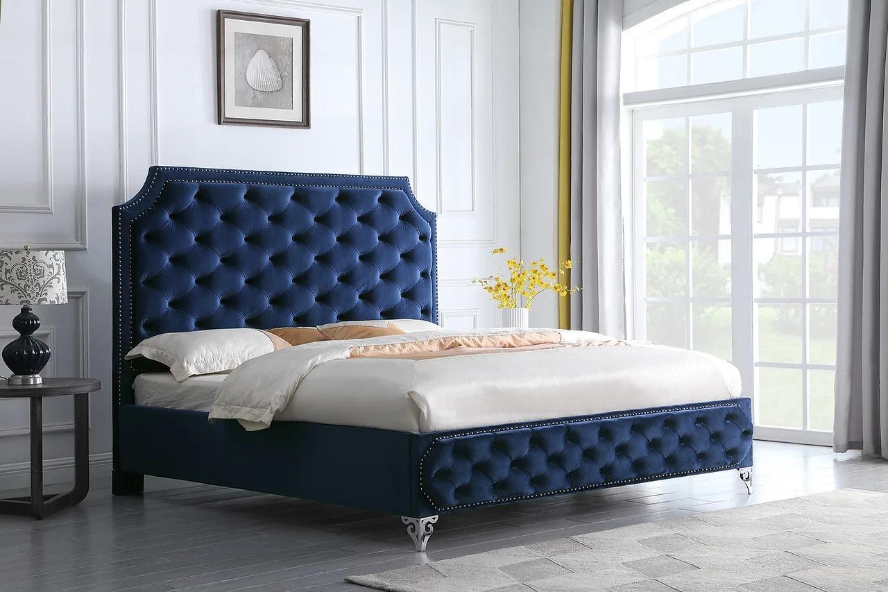 Leilah Blue Modern Contemporary Solid Wood Velvet Upholstered Tufted Platform King Bed - Ella Furniture