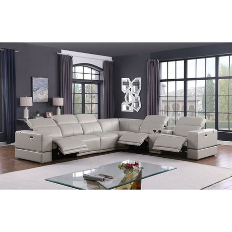 Franco 7-Piece Light Grey Italian Leather Match Power Reclining Sectional with 3 Power Seats and Storage Console from Ella Furniture