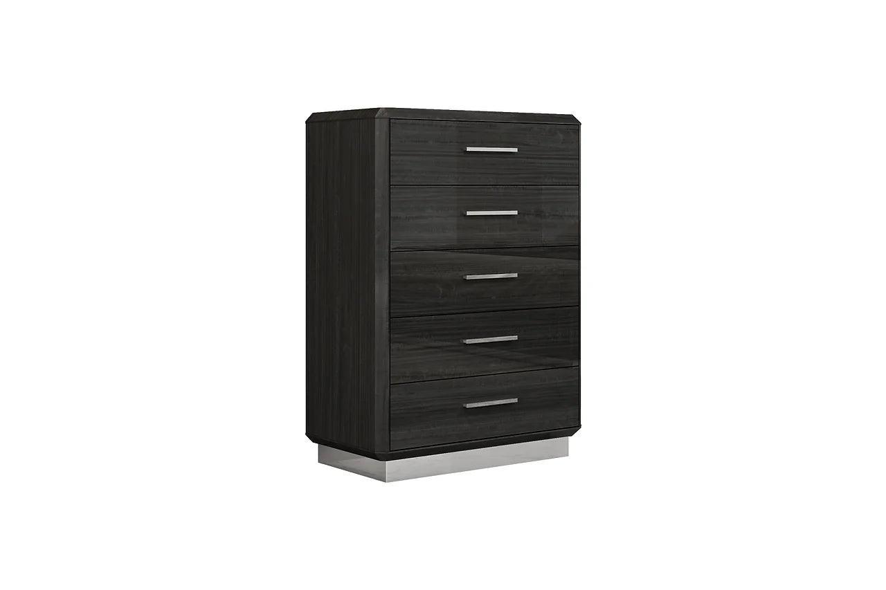 Dion Dark Gray Modern Contemporary High Gloss Pine Wood 5-Drawers Chest - Ella Furniture