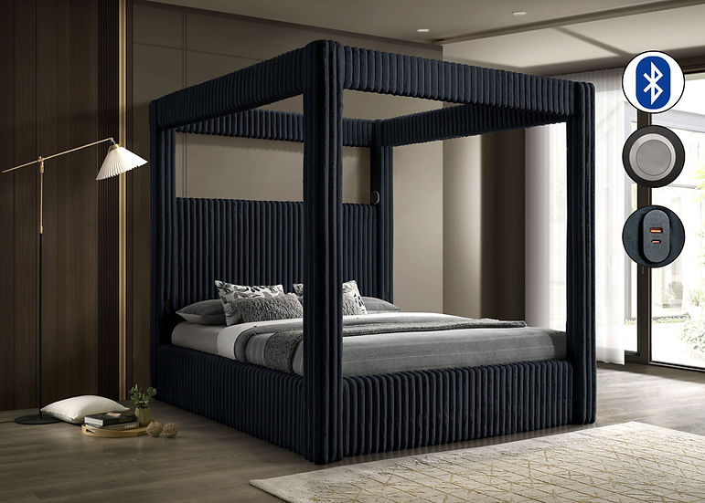 Atlam Black Upholstered Canopy Platform King Bed