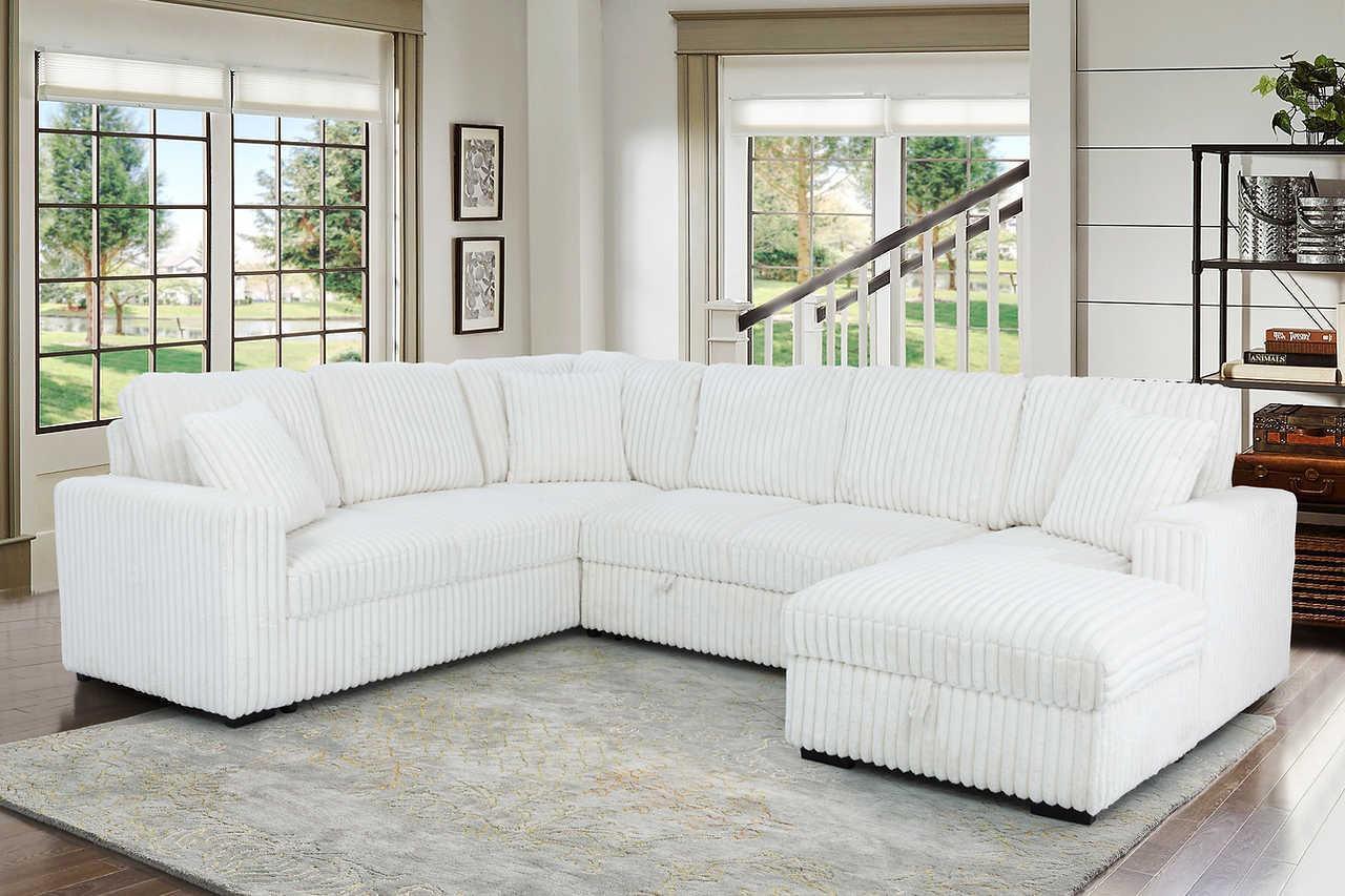 Raha Beige Soft Fabric Storage Sectional with Pull Out Bed