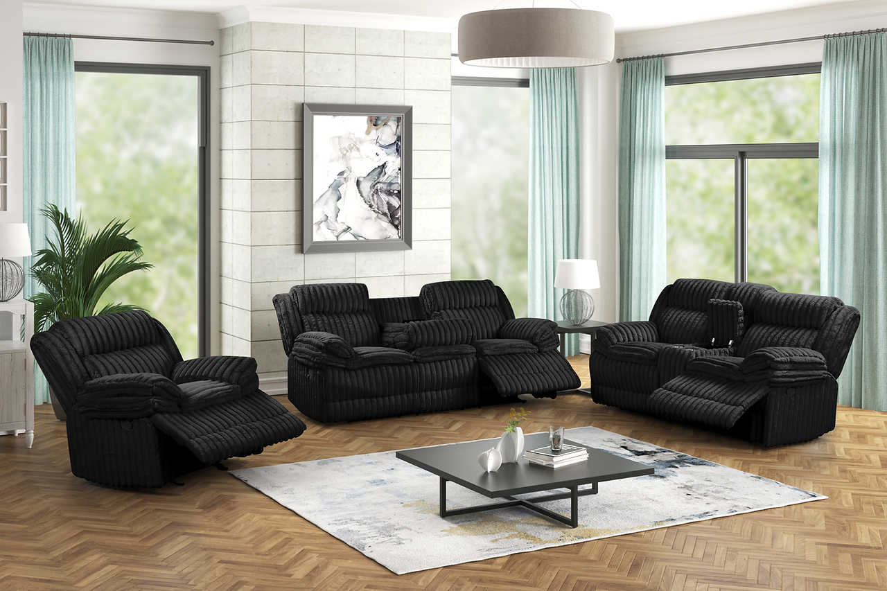 Mellow Black Thick Stripe Fabric 3-Piece Reclining Set