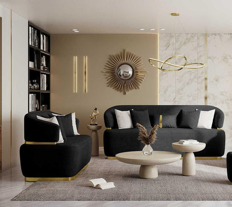 Eden Black/Gold Modern Contemporary Wood And Metal Velvet Upholstered Sofa&Loveseat - Ella Furniture